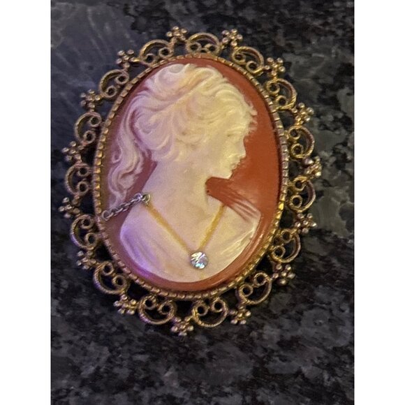 Vintage Cameo Brooch Rhinestone Victorian Style Lady Profile Gold-Tone Filigree - Picture 4 of 9